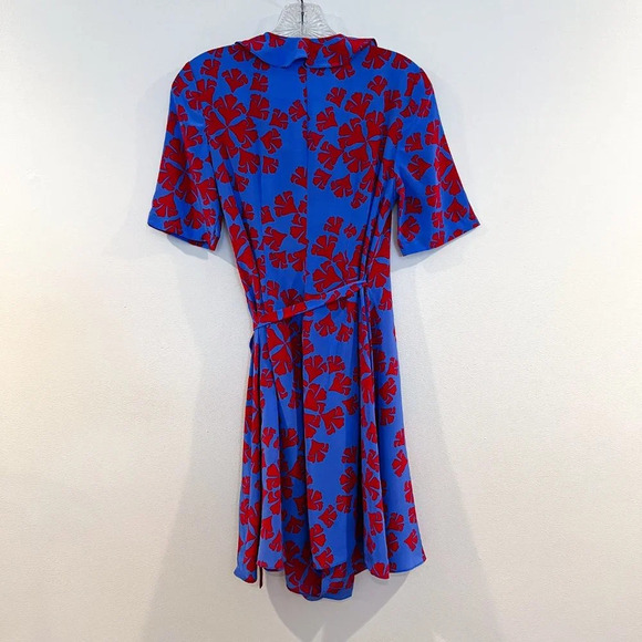 Diane Von Furstenburg 100% Silk Red Blue Preppy Tie Waist Jacquard Mini Dress 2 - Picture 8 of 8